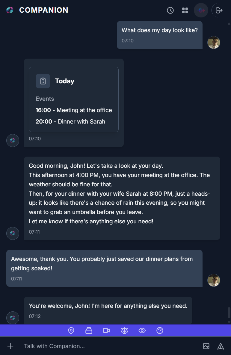 Companion interface showing a daily briefing with calendar and weather.