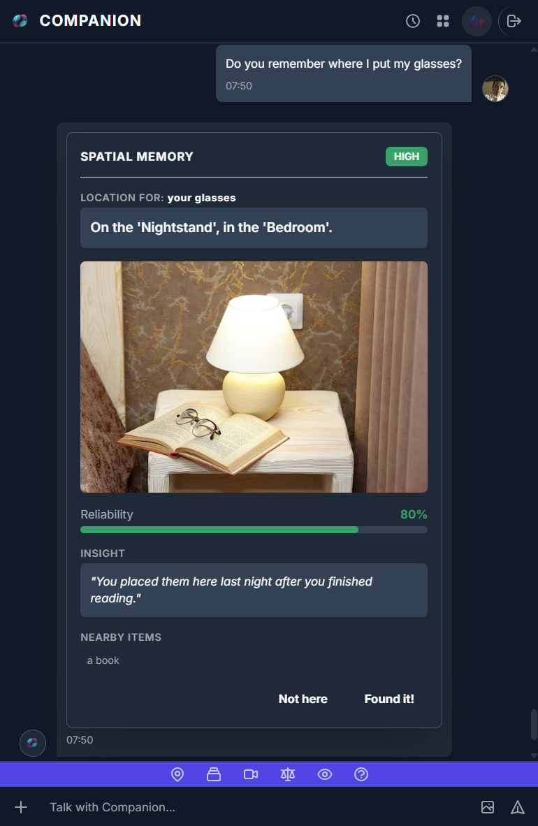 Companion interface showing a photo of lost glasses.