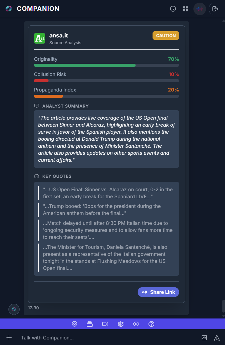 The Truth Lens interface analyzing a news article for reliability.